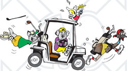 Clipart Illustration of a Koala Holding A Broken Steering Wheel Of A Golf Cart, Creating Chaos With His Cockatoo, Kangaroo And Emu Friends