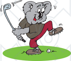 Clipart Illustration of a Golfing Koala Swinging a Club