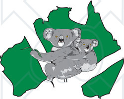 Clipart Illustration of a Koala And Baby Over A Green Australian Map