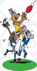 Clipart Illustration of a Kangaroo Jumping On A Koala And Emu To Catch A Rugby Football