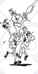 Clipart Illustration of a Black And White Outline Coloring Page Of A Kangaroo, Koala And Emu Playing Rugby Football