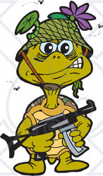 Clipart Illustration of a Stinky Turtle Soldier Surrounded By Flies, Carrying A Gun