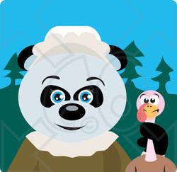 Clipart Illustration of a Giant Panda Pilgrim Bear Character Holding A Thanksgiving Turkey