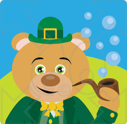Clipart Illustration of a Brown Bear Leprechaun Character Smoking A Pipe