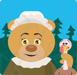 Clipart Illustration of a Pilgrim Bear Character Holding A Thanksgiving Turkey