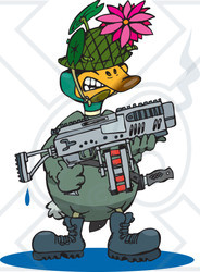 Clipart Illustration of a Military Soldier Duck Holding A Weapon And Wearing A Lotus Disguise