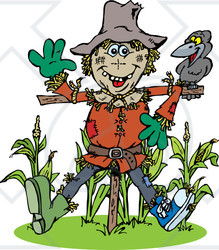 Clipart Illustration of a Friendly Scarecrow Talking To A Crow At The Edge Of A Corn Crop