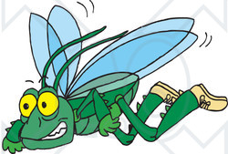 Clipart Illustration of a Green Flying Grasshopper Wearing Shoes