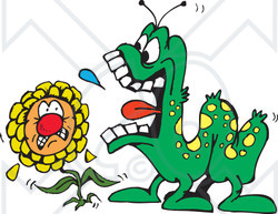 Clipart Illustration of a Scared Flower Cowing Under A Hungry Caterpillar