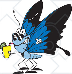 Clipart Illustration of a Thirsty Blue Butterfly Wearing Shades And Drinking A Cocktail