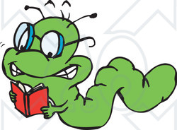 Clipart Illustration of a Smart Green Worm Crawling And Reading A Book