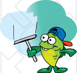 Clipart Illustration of a Green Fish Window Cleaner Using A Squeegee