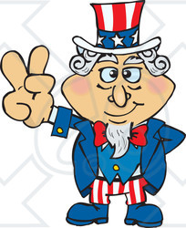 Clipart Illustration of Uncle Sam With One Hand Behind His Back, Gesturing The Peace Sign