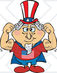 Clipart Illustration of a Super Uncle Sam In A Cape, Flexing His Muscles