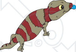 Clipart Illustration of a Brown And Red Striped Lizard Sticking Out Its Blue Tongue