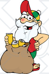 Clipart Illustration of a Casual Santa Standing With A Sack Full Of Tin Cans For Recycling