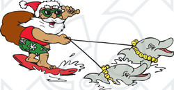 Clipart Illustration of Santa Carrying His Sack While Surfing And Holding Reins To Dolphins