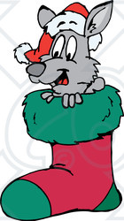 Clipart Illustration of a Kangaroo Wearing A Santa Hat, Peeping Out Of A Christmas Stocking