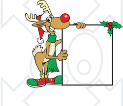 Clipart Illustration of a Friendly Red Nosed Reindeer Holding A Blank White Sign