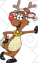 Clipart Illustration of a Festive Red Nosed Reindeer Wearing A Santa Hat And Jingle Bells, Leaning Against A Wall