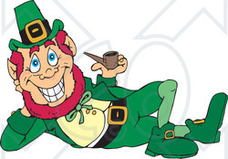 Clipart Illustration of a Jolly Leprechaun Laying On His Side And Smoking A Pipe