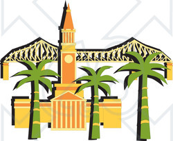 Clipart Illustration of Palm Trees In Front Of The Brisbane City Hall And The Story Bridge In Australia