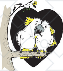 Clipart Illustration of a White And Yellow Cockatoo Bird Pair Cudding In A Tree
