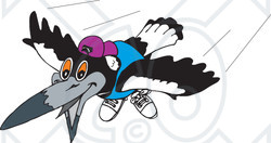 Clipart Illustration of a Flying Magpie Bird Wearing A Shirt, Shoes And Hat