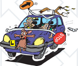 Clipart Illustration of a Crazy Teen Girl Running Over A Dog And Items During A Driving Lesson
