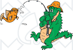 Clipart Illustration of a Crocodile Reeling In A Fish