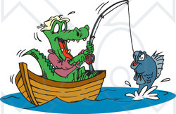 Clipart Illustration of a Crocodile Fishing In A Boat, Reeling In His Catch