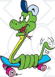 Clipart Illustration of a Green Snake Coiled Around A Skateboard