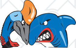 Clipart Illustration of a Shark And Cassowary Bird Butting Heads