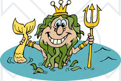 Clipart Illustration of a Mermaid King Neptune Holding Up His Trident In Water