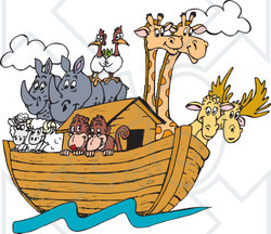 Clipart Illustration of Birds, Rhinos, Elk, Sheep, Monkeys And Giraffes On Noah's Ark