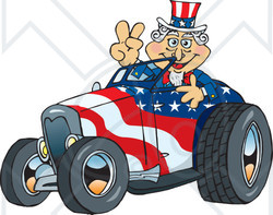 Clipart Illustration of Uncle Sam Driving A Patriotic Roadster And Giving The Peace Sign