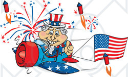 Clipart Illustration of Uncle Sam Flying A Plane With A Flag Banner, Surrounded By Independence Day Fireworks