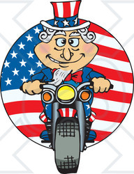 Clipart Illustration of Uncle Sam Riding A Motorcycle In Front Of An American Flag