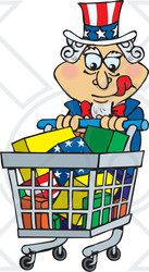 Clipart Illustration of Uncle Sam Pushing A Shopping Cart Full Of Gifts