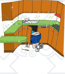 Clipart Illustration of a Plumber Kneeling To Work On Pipes Under A Sink