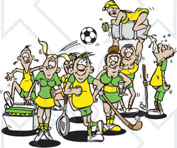 Clipart Illustration of a Group Of Athletes In Yellow And Green Uniforms