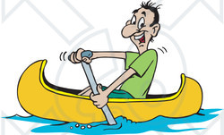 Clipart Illustration of a Happy Man Paddling His Yellow Canoe