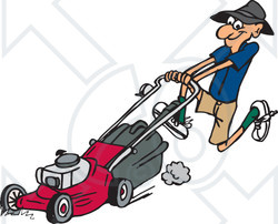 Clipart Illustration of a Hyper Man Running And Pushing A Red Lawn Mower