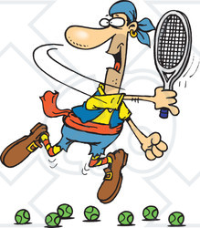 Clipart Illustration of a Motivated Man Trying To Hit A Tennis Ball, Failing Over And Over Again