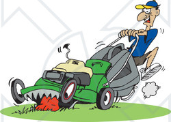Clipart Illustration of a Man Pushing A Hungry Green Lawn Mower