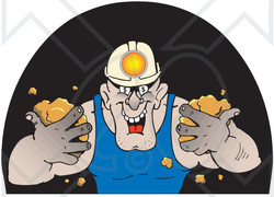 Clipart Illustration of a Strong Miner Wearing A Headlamp And Holding Dirt In A Dark Cave