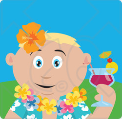 Clipart Illustration of a Caucasian Man In A Hawaiian Lei, Drinking A Cocktail On Vacation