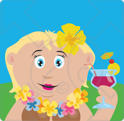 Clipart Illustration of a Caucasian Woman In A Hawaiian Lei, Drinking A Cocktail On Vacation