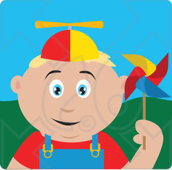 Clipart Illustration of a Happy Blond Caucasian Boy Playing With A Pinwheel