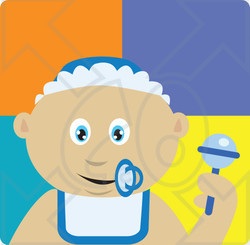 Clipart Illustration of a Mexican Baby Boy With A Pacifier, Bib And Rattle